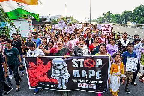 Kolkata rape-murder case: People raise slogans during a protest march in Nadia